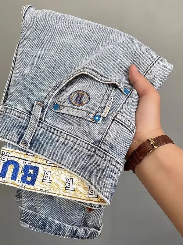 Men’s Embroidered Slim Fit Jeans – Light Blue Summer Straight-Leg Casual Pants (Cropped Length)