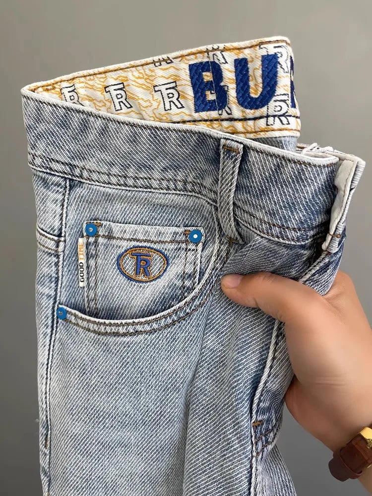 Men’s Embroidered Slim Fit Jeans – Light Blue Summer Straight-Leg Casual Pants (Cropped Length)