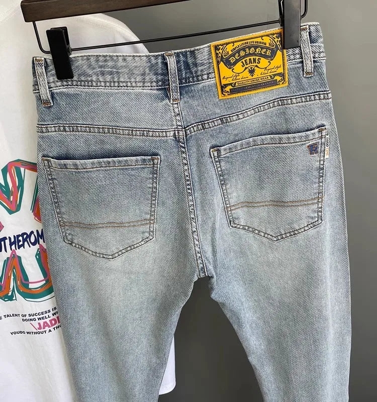 Men’s Embroidered Slim Fit Jeans – Light Blue Summer Straight-Leg Casual Pants (Cropped Length)