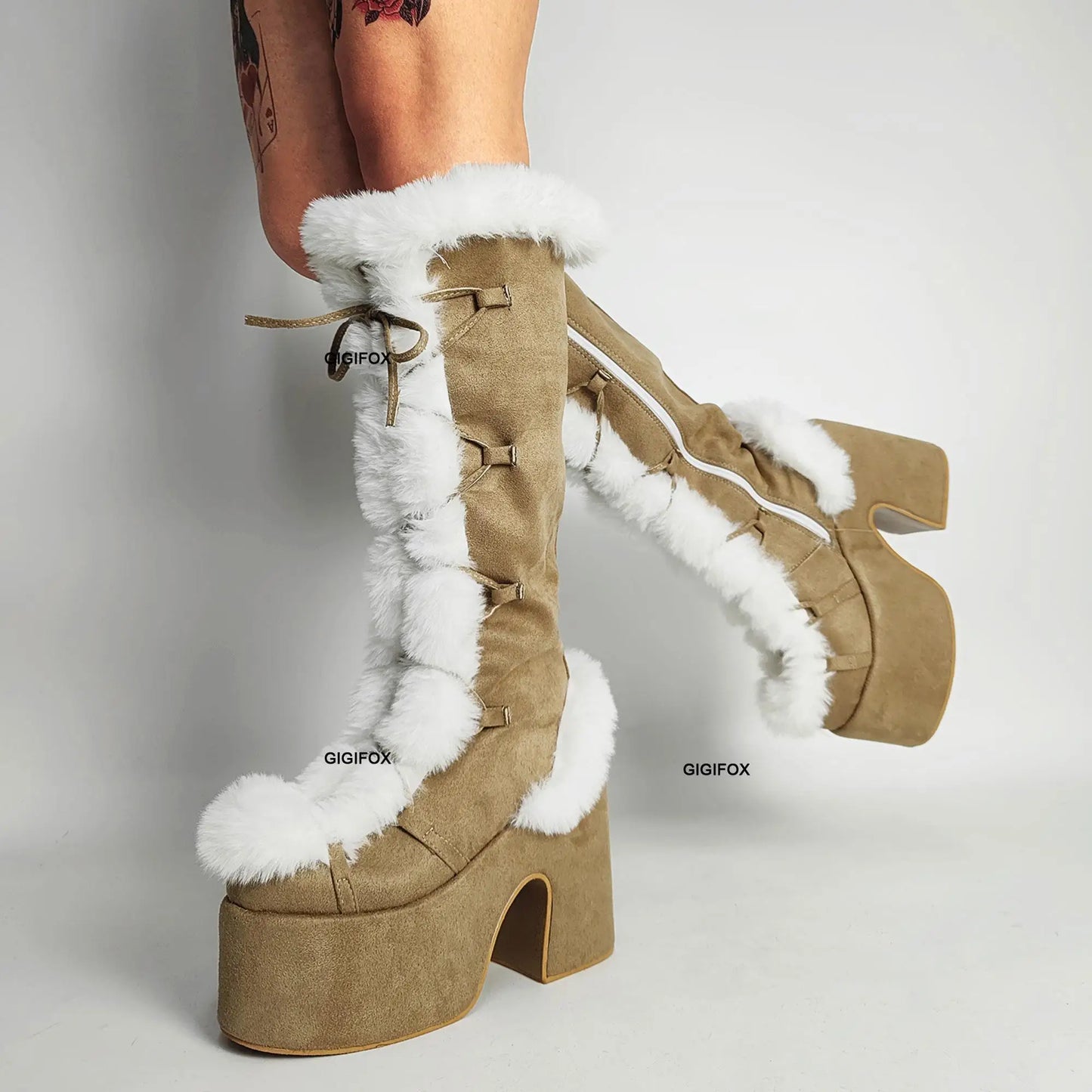 Women Platform Furry Gothic Knee High Boots