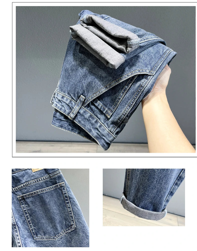 Men’s Tapered Jeans – Streetwear Slim Fit Vintage Denim Pants (Blue)