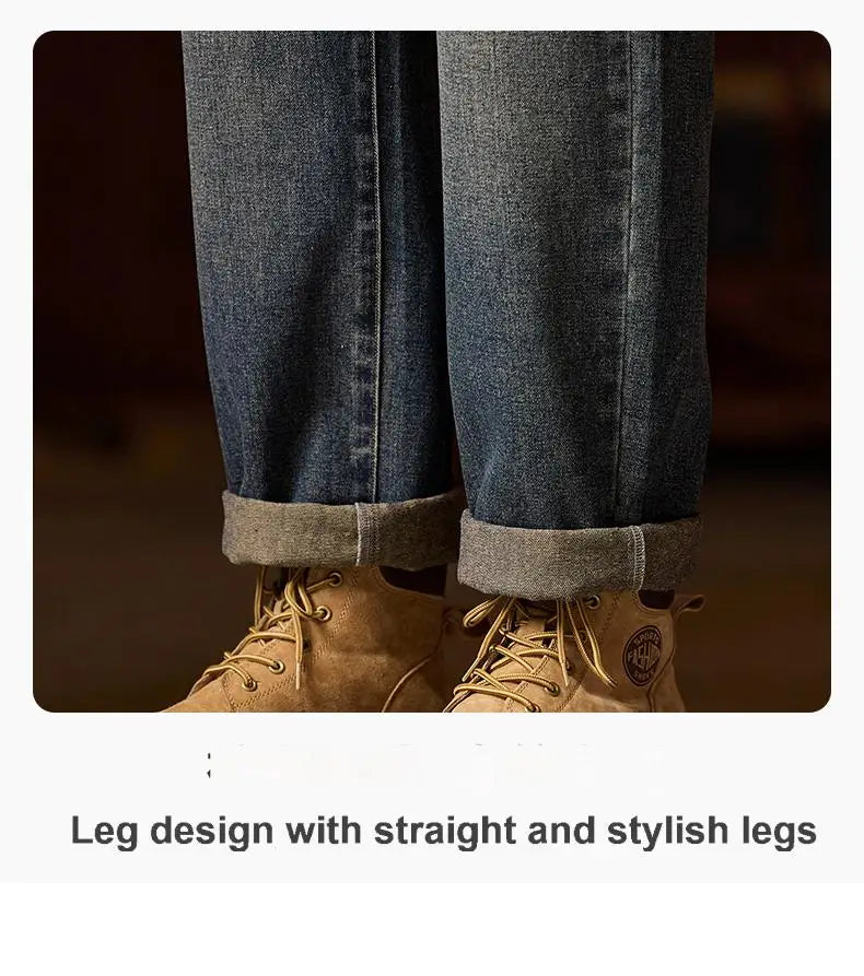 Men’s Relaxed Fit Elastic Waist Jeans – Blue Denim Pants with Zipper & Button