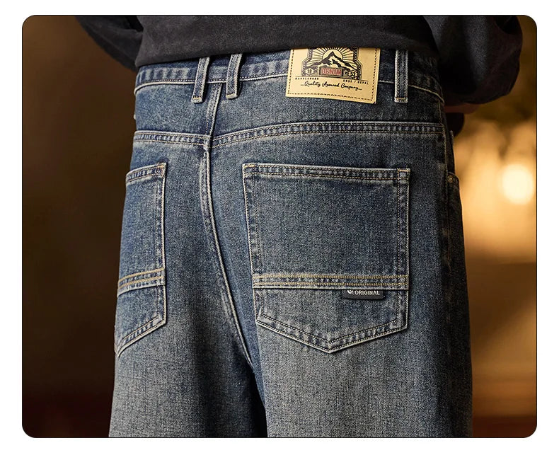 Men’s Relaxed Fit Elastic Waist Jeans – Blue Denim Pants with Zipper & Button