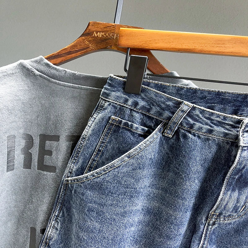 Men’s Tapered Jeans – Streetwear Slim Fit Vintage Denim Pants (Blue)