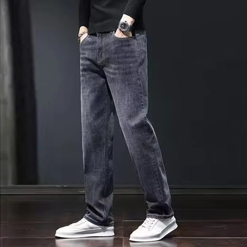 2025 Men’s Slim Straight Stretch Jeans – Dark Gray Wear-Resistant Smart Casual Denim Pants