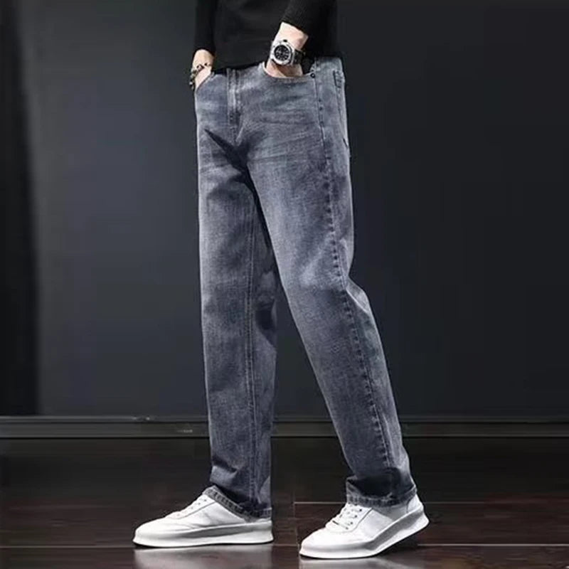 2025 Men’s Slim Straight Stretch Jeans – Dark Gray Wear-Resistant Smart Casual Denim Pants