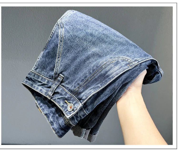 Men’s Tapered Jeans – Streetwear Slim Fit Vintage Denim Pants (Blue)