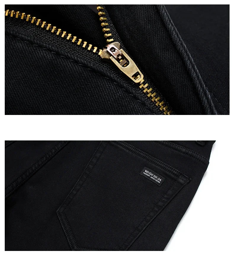 Men’s Classic Stretch Jeans – Soft Black Denim Biker Style Pants, Casual Fashion Trousers for Spring & Autumn