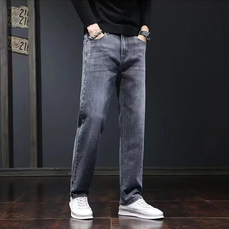 2025 Men’s Slim Straight Stretch Jeans – Dark Gray Wear-Resistant Smart Casual Denim Pants
