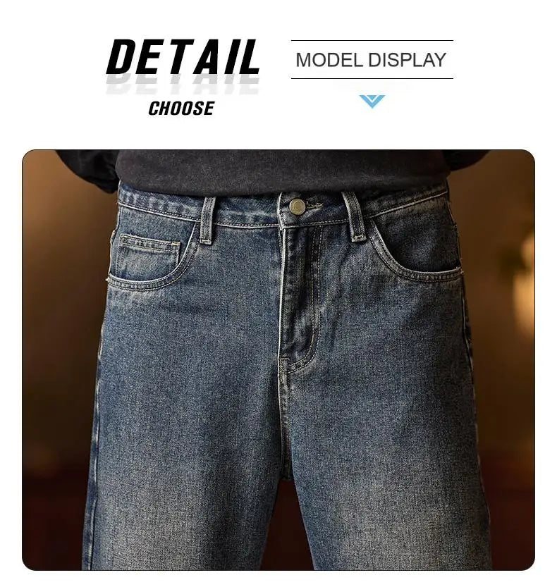 Men’s Relaxed Fit Elastic Waist Jeans – Blue Denim Pants with Zipper & Button