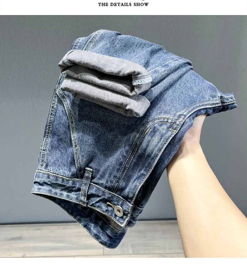 Men’s Tapered Jeans – Streetwear Slim Fit Vintage Denim Pants (Blue)