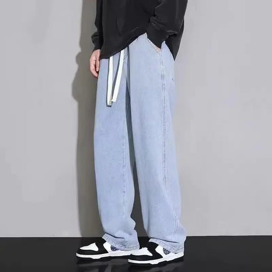 Men’s Straight Wide-Leg Jeans – Korean Casual Solid Color Denim (Light Blue / Grey / Black, Up to 3XL)