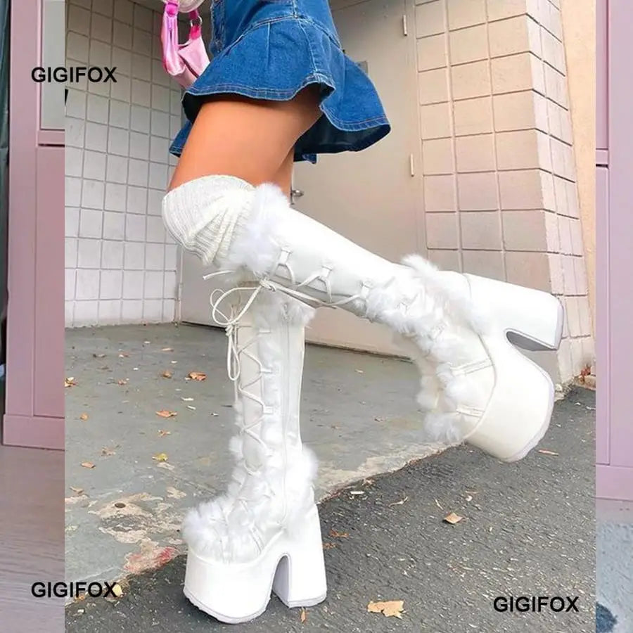 Women Platform Furry Gothic Knee High Boots
