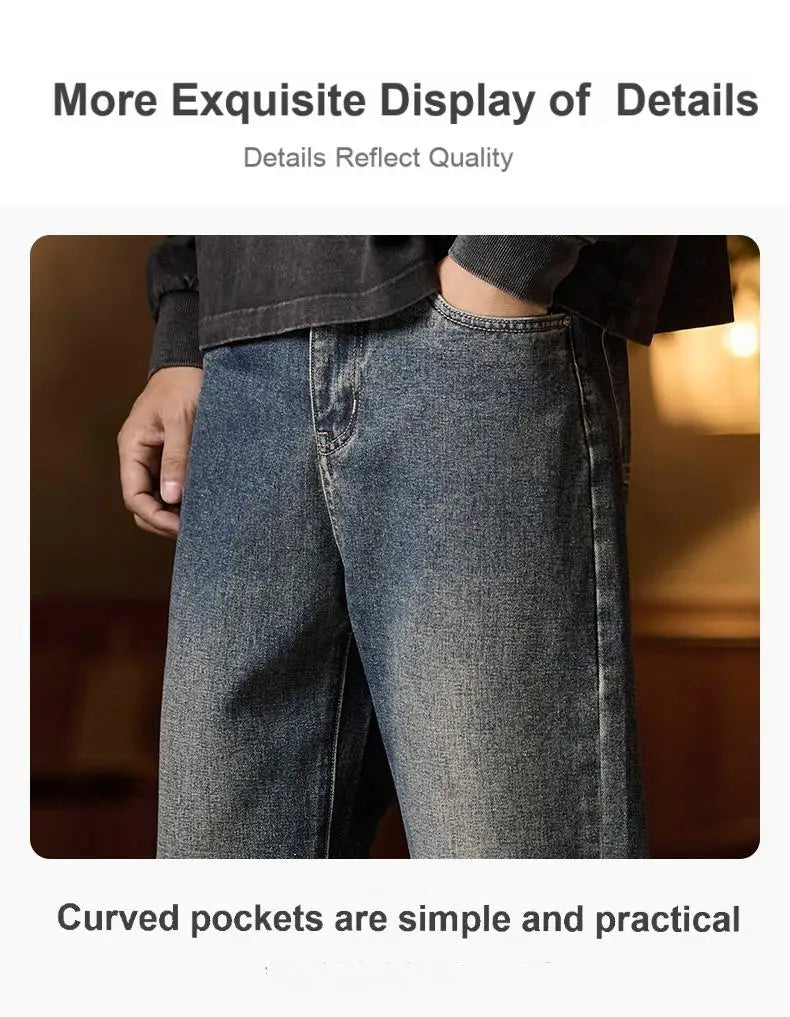 Men’s Relaxed Fit Elastic Waist Jeans – Blue Denim Pants with Zipper & Button