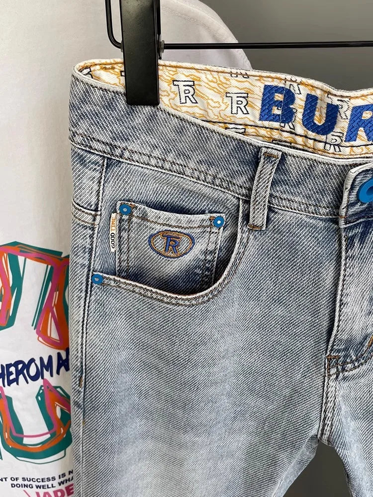 Men’s Embroidered Slim Fit Jeans – Light Blue Summer Straight-Leg Casual Pants (Cropped Length)