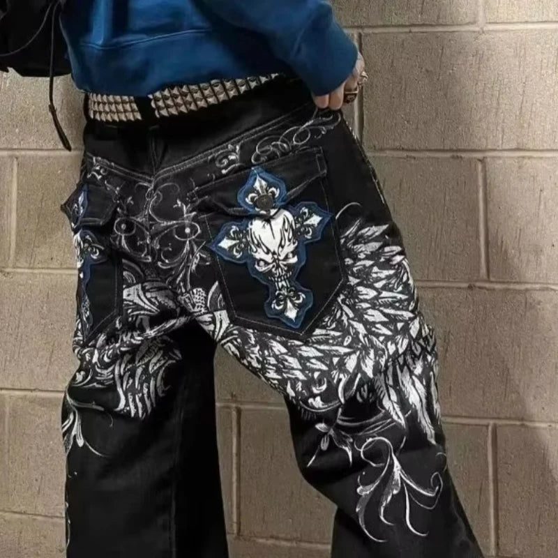 Men’s Embroidered Wide-Leg Jeans – Y2K Hip-Hop Gothic Retro Streetwear Pants