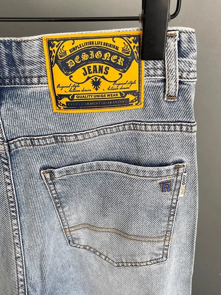 Men’s Embroidered Slim Fit Jeans – Light Blue Summer Straight-Leg Casual Pants (Cropped Length)