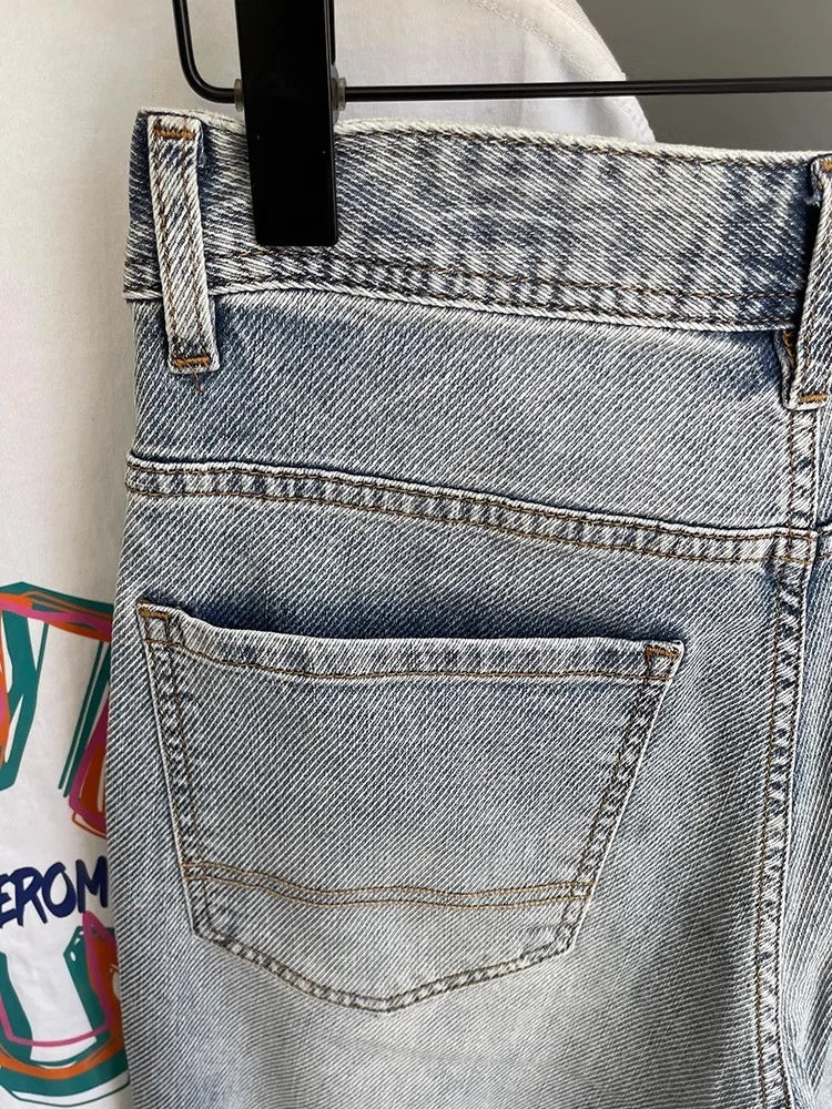 Men’s Embroidered Slim Fit Jeans – Light Blue Summer Straight-Leg Casual Pants (Cropped Length)