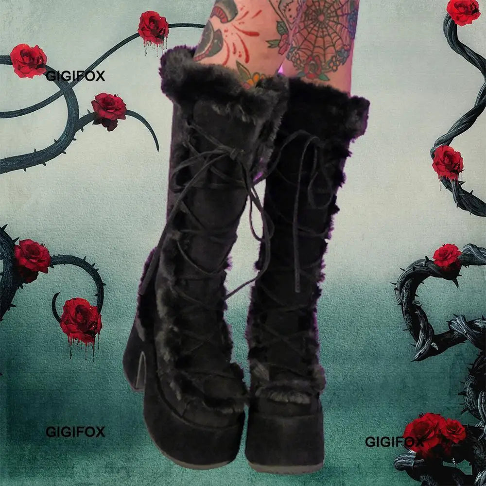 Women Platform Furry Gothic Knee High Boots