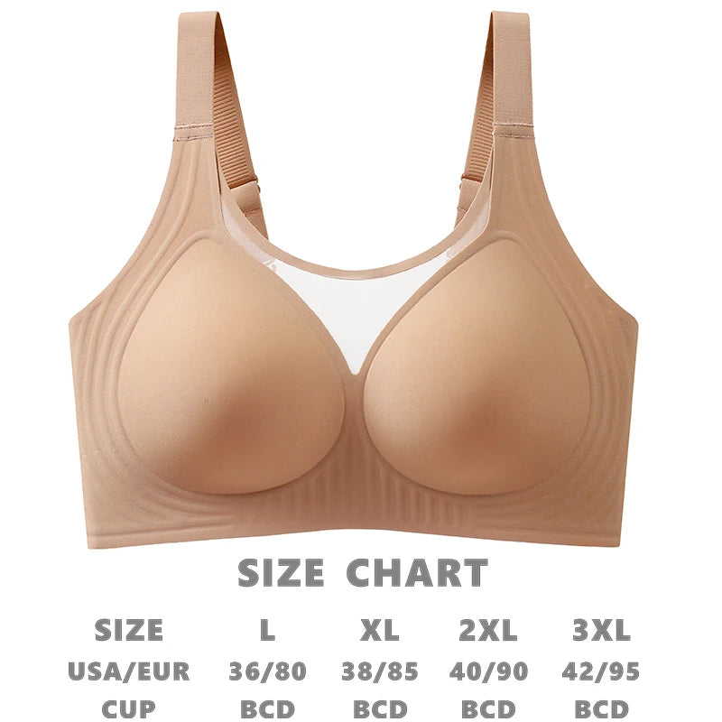 Plus Size Jelly Gum Full Cover Semi Fixed Large Cup Lace Underwear Anti Glare Mesh Woman Bra Comfortable  Gathering