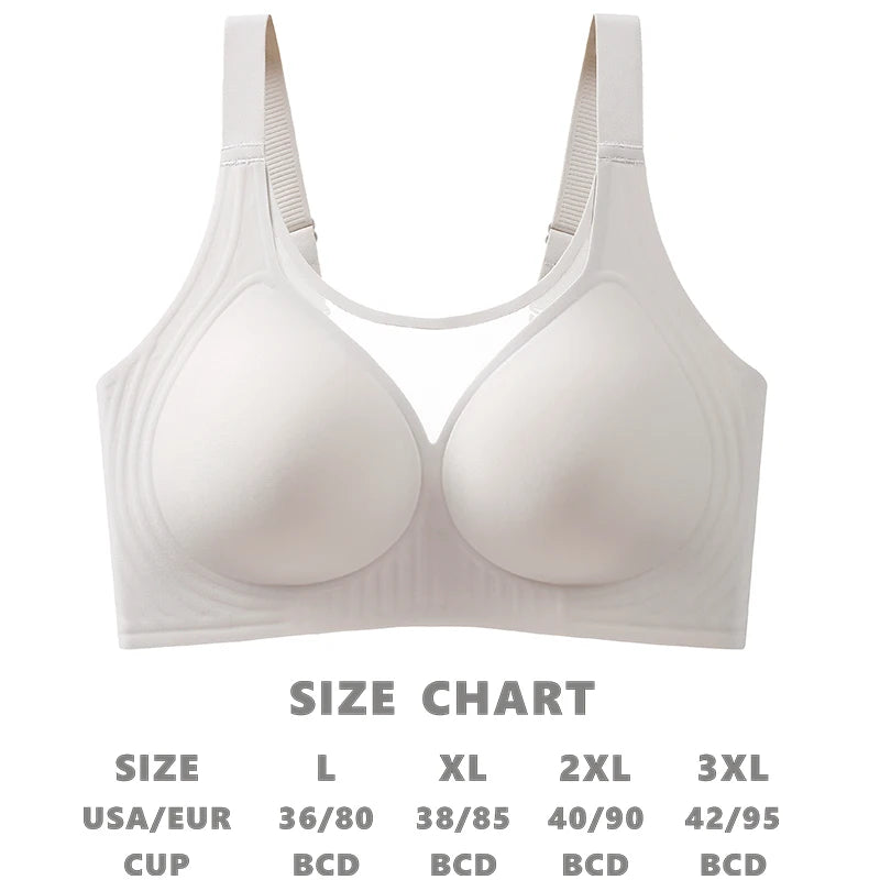 Plus Size Jelly Gum Full Cover Semi Fixed Large Cup Lace Underwear Anti Glare Mesh Woman Bra Comfortable  Gathering