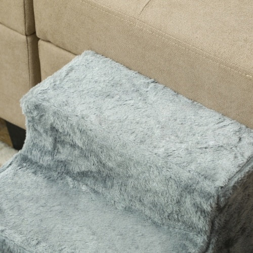 PawHut Three-Step Dog Stairs, With Washable Plush Cover, For High Bed Sofa, Dog Stairs For Small Dog And Cat - Light Grey