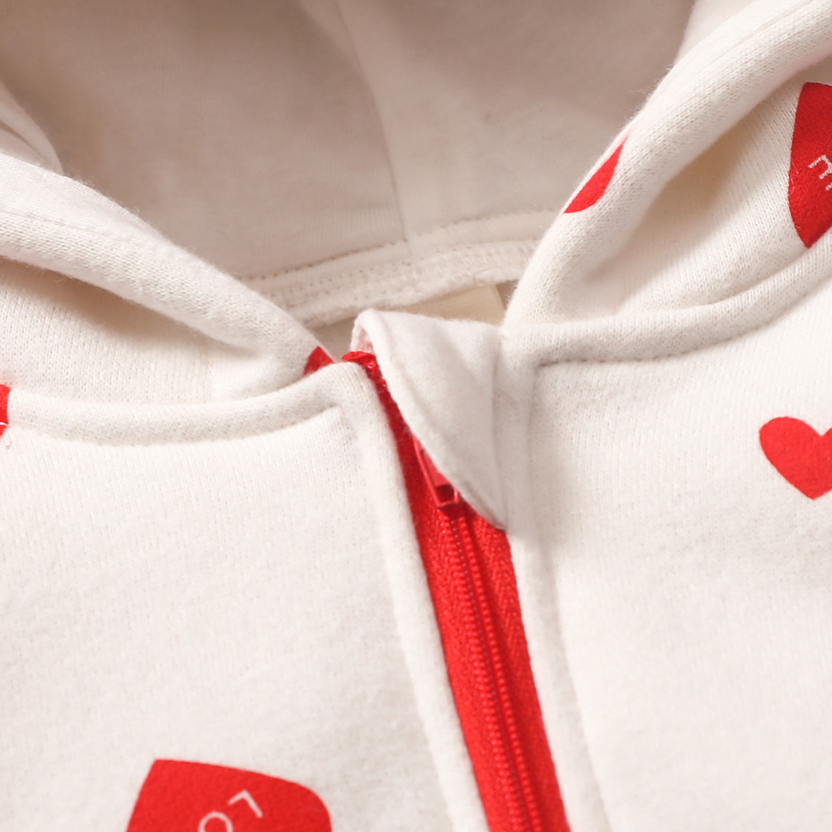 Baby Girl Heart Print Zip-Up Jumpsuit with Hood – Valentine Outfit