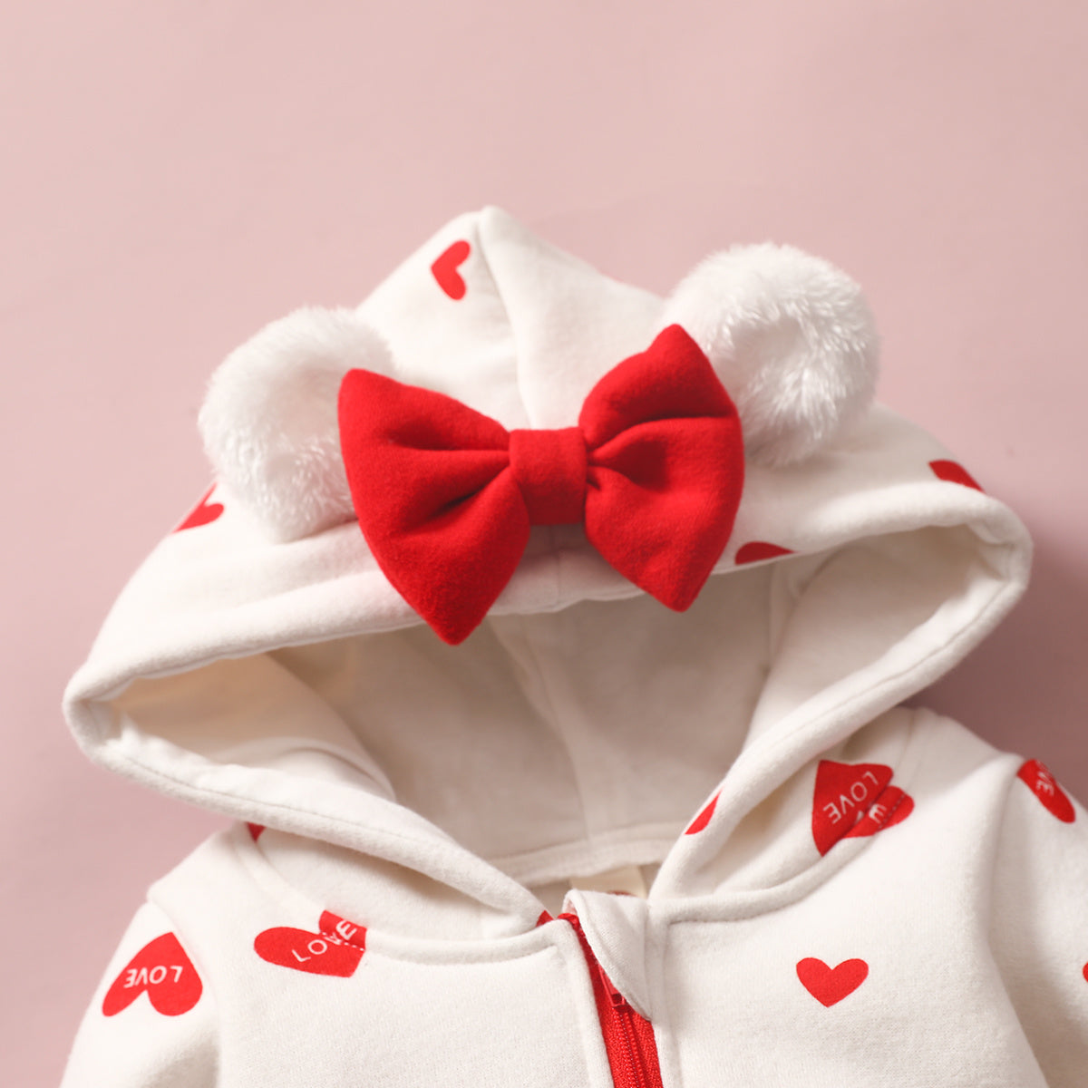 Baby Girl Heart Print Zip-Up Jumpsuit with Hood – Valentine Outfit