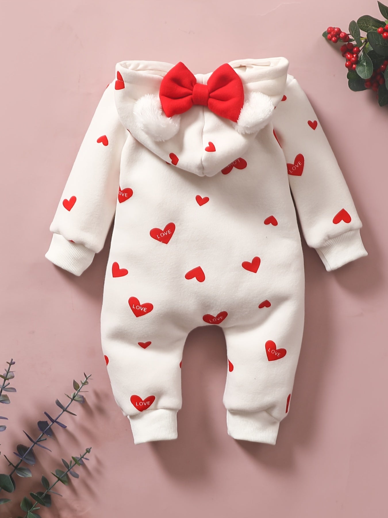 Baby Girl Heart Print Zip-Up Jumpsuit with Hood – Valentine Outfit